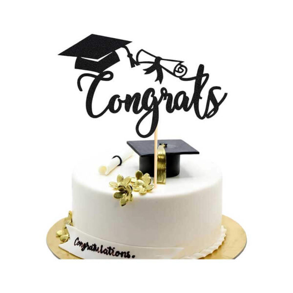 1Pc Congrats Cake Topper - Congrats Grad Cake Decor - 2024 High School/College/Senior Graduation Party Decorations Supplies - Black Glitter