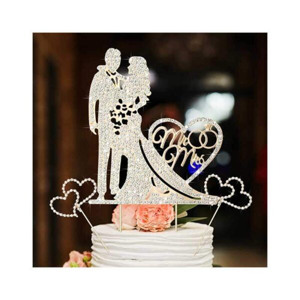 3 Pack Mr and Mrs Cake Wedding Topper Rhinestone Metal Love Wedding Cake Topper Crystal Heart Shaped Cake Toppers Funny Diamond Bride and Groom Anniversary Party Cake Decoration Gold